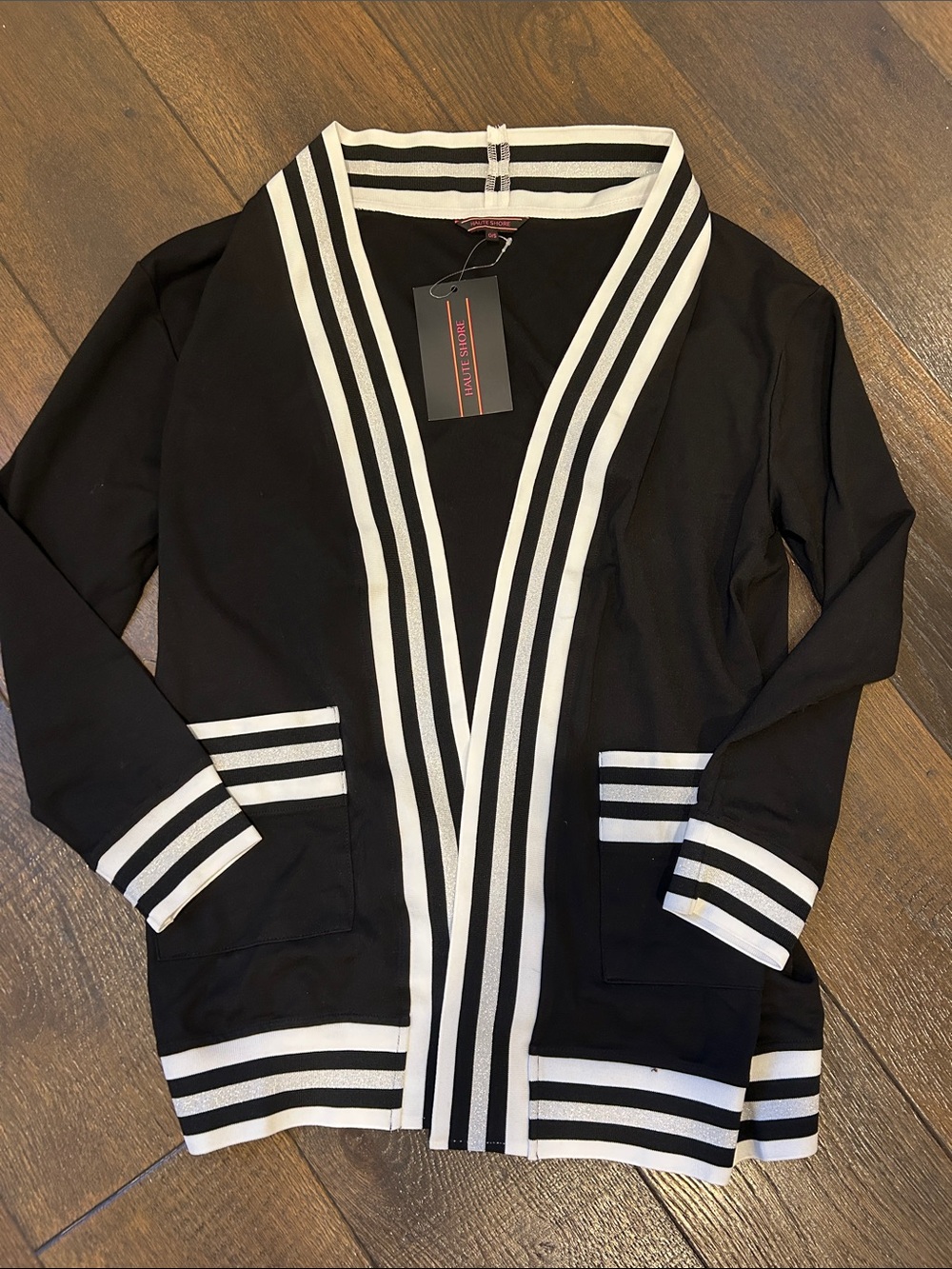 HAUTE SHORE Black Cardigan with White Stripe Trim